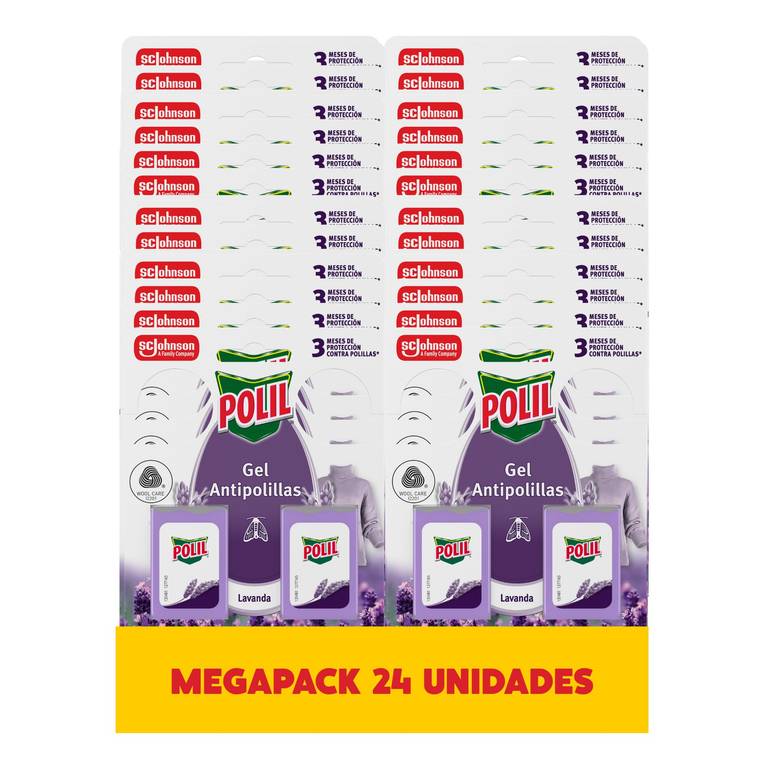 Polil Gel Antipolillas Fragancia Lavanda, perfuma el armario y protege la ropa, dura hasta 3 meses, Pack 24 x 2 = 48 unidades