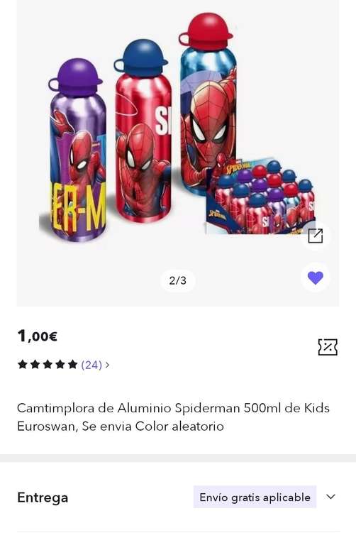 Botella, cantimplora Spiderman. Color aleatorio.