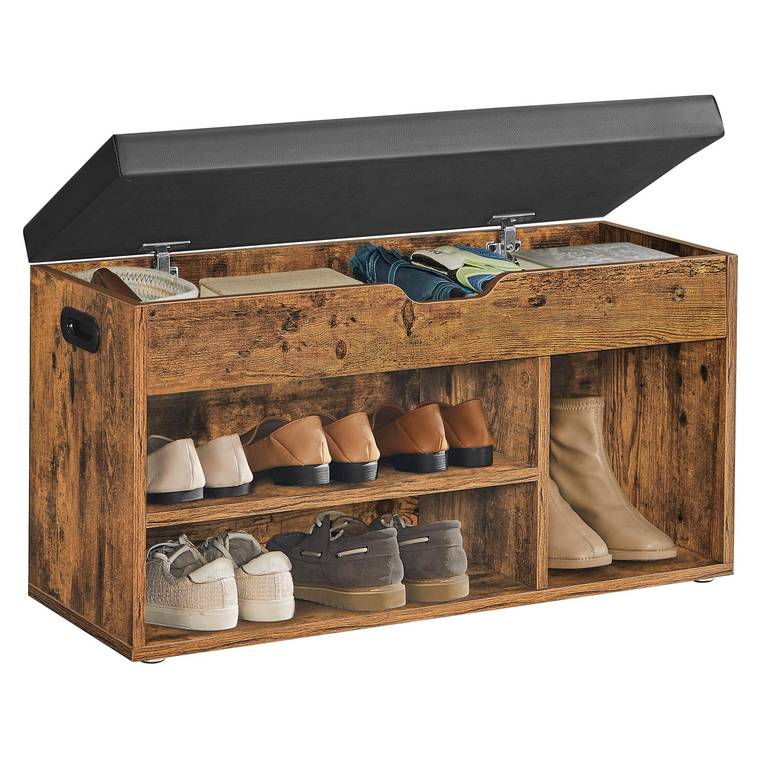 VASAGLE Banco Zapatero con Cojín, 3 Compartimentos, Almacenamiento Oculto, 80 cm, Marrón Rústico LHS30BX