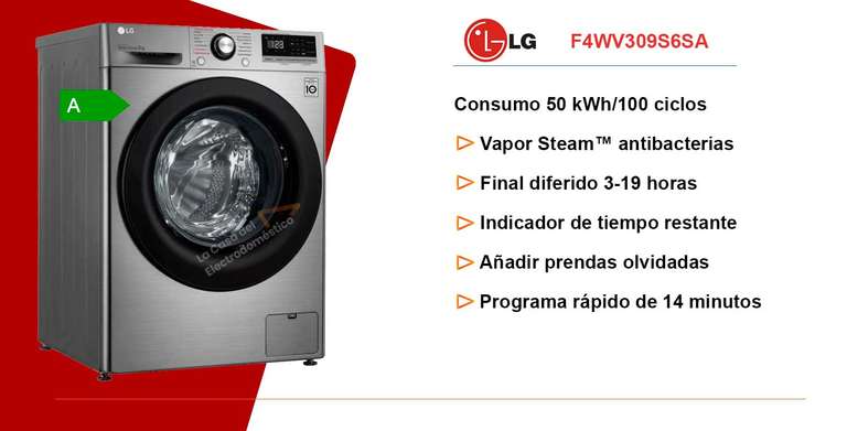 Lavadora LG F4WV309S6SA - Inteligente 9Kg 1400rpm con Vapor Clase A