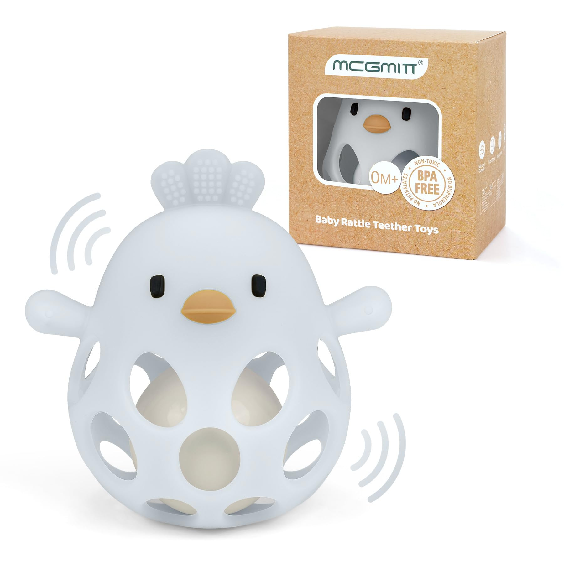 Mordedor pelota de silicona sin BPA para bebé –Juguete con sonajero en forma de pollo sensorial y motriz fácil de agarrar regalo Montessori.