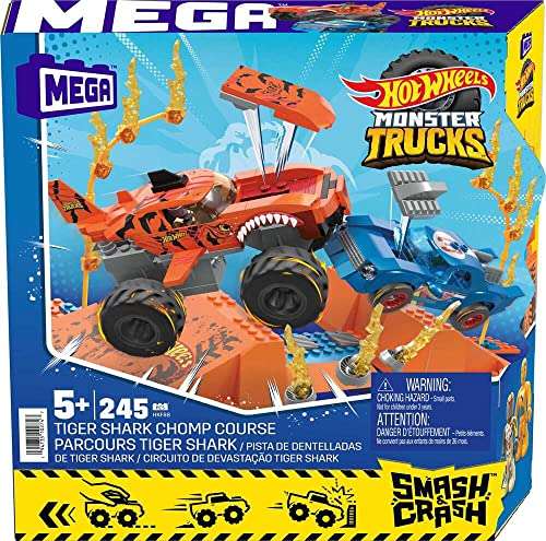 MEGA Construx Hot Wheels Monster Trucks Pista Tiger Shark Coches con set de juego de bloques de construcción
