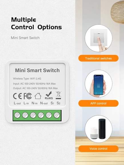 Tuya Mini Wifi Smart Switch 16a Temporizador de control de 2 vías Interruptores  inalámbricos Smart Life Automation Compatible con Alexa Google Home