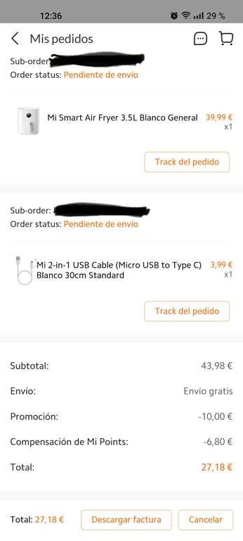 Auriculares de cable+ Freidora de aire-->46€ (28,8€ con 1320 miPoints)