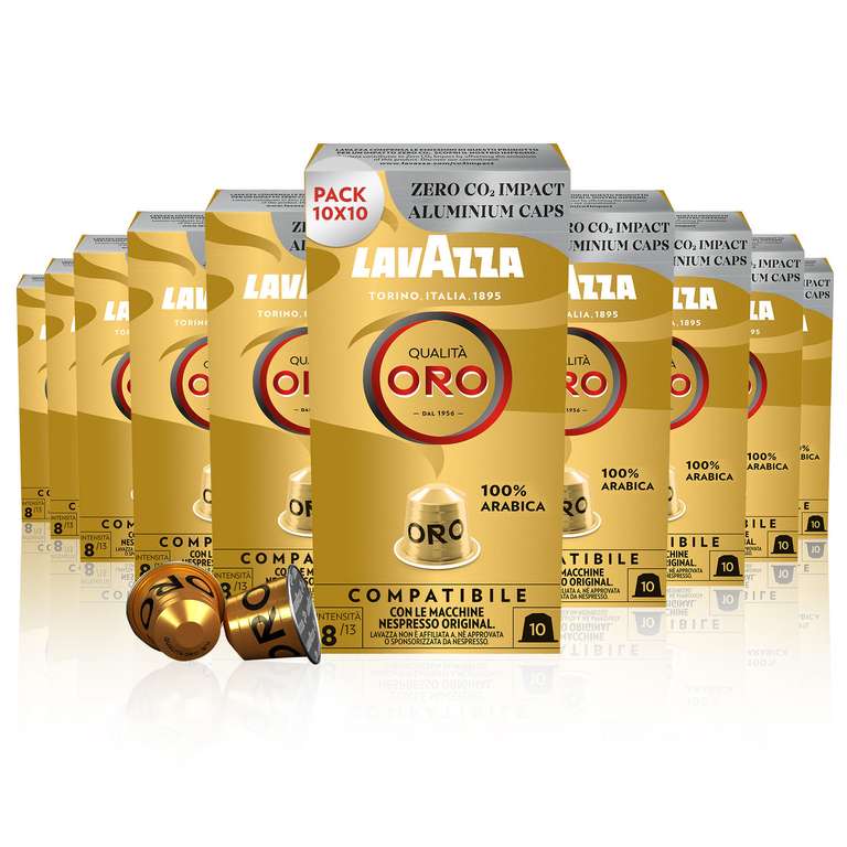 Lavazza Qualità Oro, 100% Arábica, Cápsulas de Aluminio Compatibles con Nespresso, 10 Paquetes de 10 Cápsulas