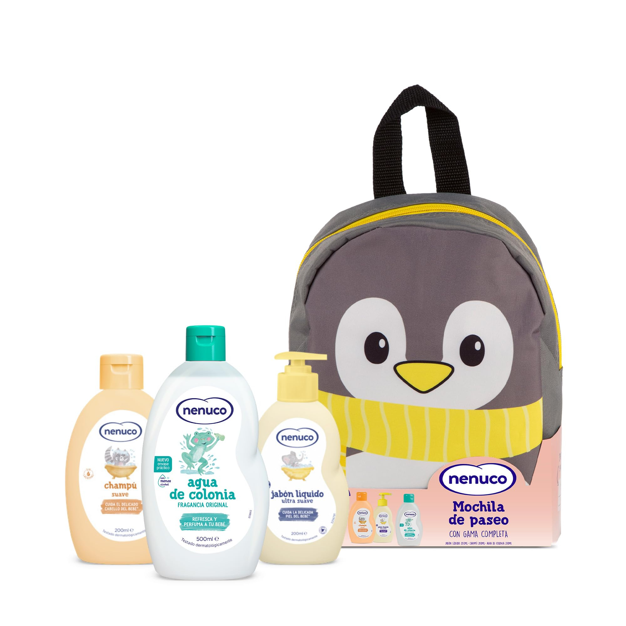Nenuco Pack Bebé Mochila de Paseo Pingüino, con Gama Completa, Colonia, Jabón, Champú, 3x200ml
