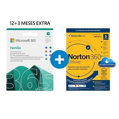 Microsoft 365 Familia | 6 usuarios PC/MAC/teléfono | Suscripción anual | 12+3 Meses + NORTON 360 Deluxe | 15 Meses | PC/Mac