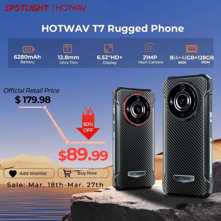 HOTWAV-teléfono inteligente T7 resistente, Smartphone con pantalla HD de 6,52 pulgadas, batería ultrafina de 6280mAh, 21MP de cámara trasera