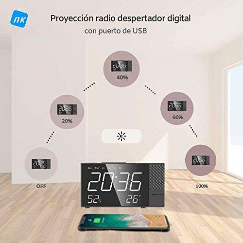 NK Radio Despertador Digital - Inteligente, FM Radio, Medidor Temperatura, Alarma, USB, Modo Noche, Proyección Horaria, Temporizador Sueño
