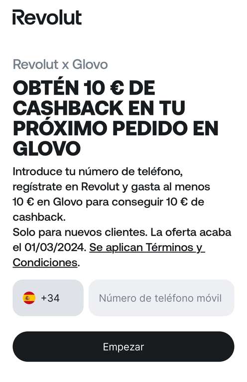Descuento de 10€ en Glovo al pagar con Revolut (solo válido para nuevos usuarios)