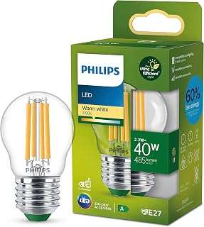 Philips Bombilla LED esférica Philips Eficiente, Casquillo E27 2.3W, 485 Lúmens, Luz Blanca Cálida 2700k, Clase Energetica A