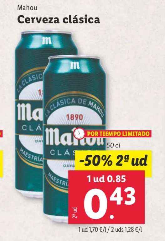 2a unidad -50% dto cerveza Mahou clásica 50cl (0,64€/lata) - [Lidl]