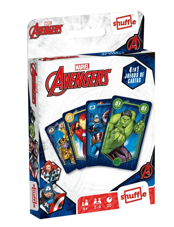 Shuffle Avengers. Baraja de Cartas Infantil. 4 Juegos en 1. Naipes ilustrados con los Personajes de Los Vengadores. Versión en Español.