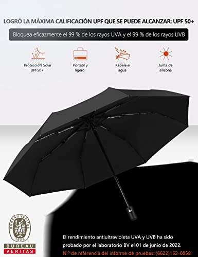 Paraguas SE (8 Varillas, Negro) | UPF 50+ 99% De ProteccióN UV, Liviano, AutomáTico, A Prueba De Viento, PortáTil Paraguas Plegable Compacto
