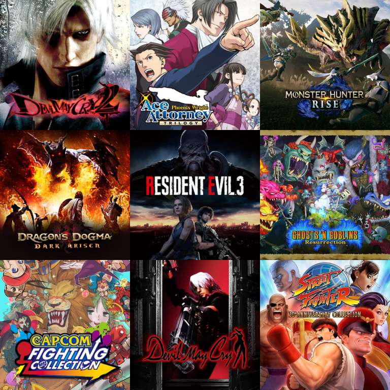 Sagas (Resident Evil, Devil May Cry, Monster Hunter, Darkest Dungeon, Ace Attorney, Capcom, Street Fighter), Ghosts Goblins,Dragon's Dogma