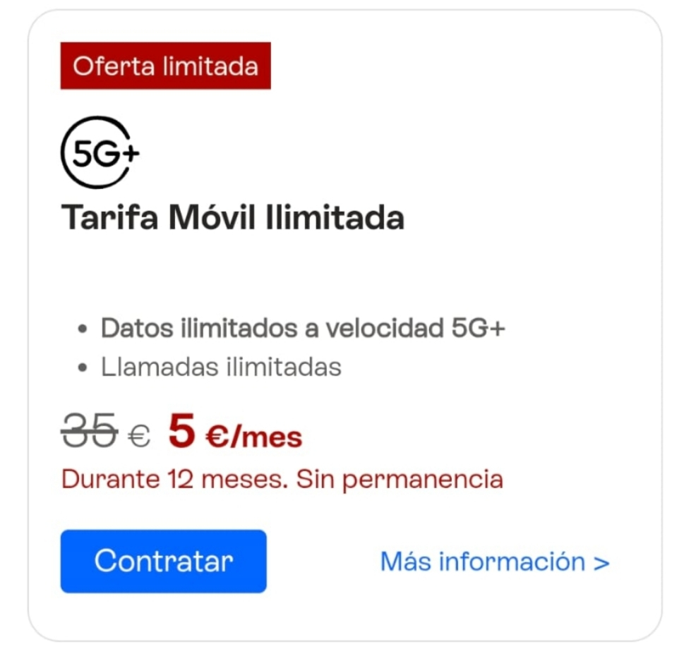 Contrato solo móvil Movistar llamadas y datos ilimitados a 5€/mes 12 meses (clientes Digi). Lo mismo en Digi cuesta 10€