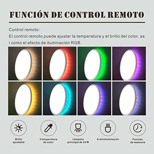 Lámpara de techo LED con control remoto, 24 W, 3000 K-6000 K, luz de techo impermeable con retroiluminación 7 RGB