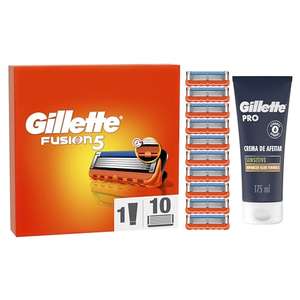 Gillette Fusion5 Recambios Para Hombre, 10 Recambios + Gillette PRO Piel Sensible Crema De Afeitar 175 ml