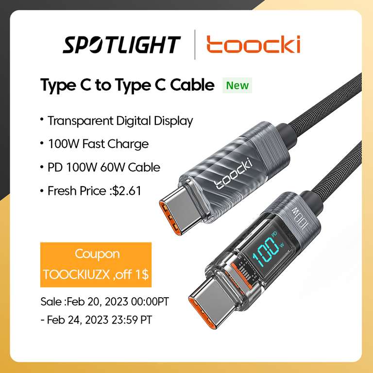Toocki-Cable USB Ca tipo C transparente, carga rápida PD, 100W