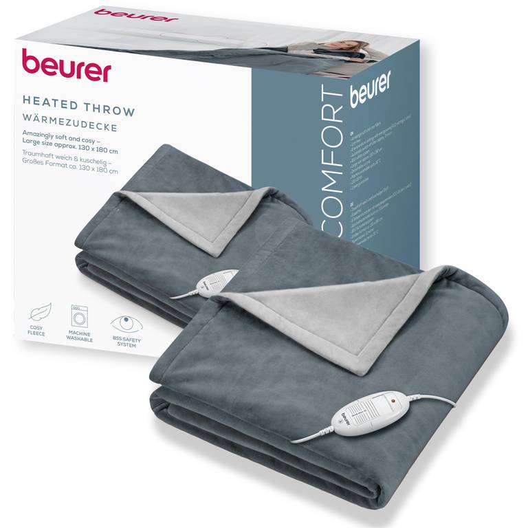 Beurer HD 75 Manta Electrica con Tejido Felpa Cosy;(Consume 3Cts/h Max) Gris, 180 x 130 cm (Reaco – Como Nueva)**Considerada de las mejores*