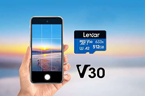 Lexar 633x Tarjeta Micro SD 512GB, Tarjeta Memoria microSDXC UHS-I, Adaptador SD, hasta 100 MB/s de Lectura, A2, C10, U3, V30