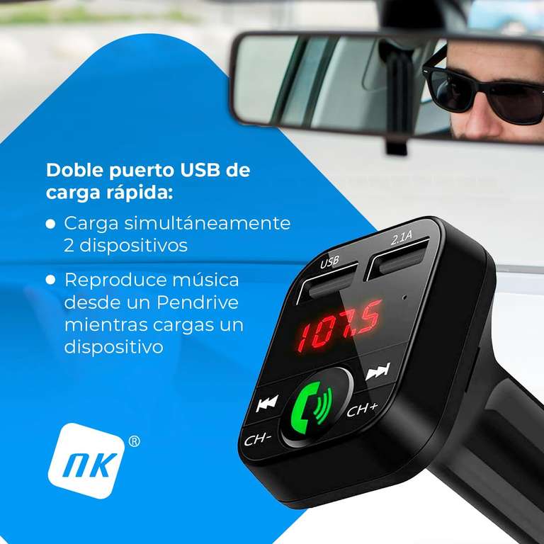 NK Transmisor FM Bluetooth 12/24V-Manos Libres,Reproductor Música Bluetooth V5.0+EDR,Doble USB Carga Rápida 2.1A y Soporte Memoria USB