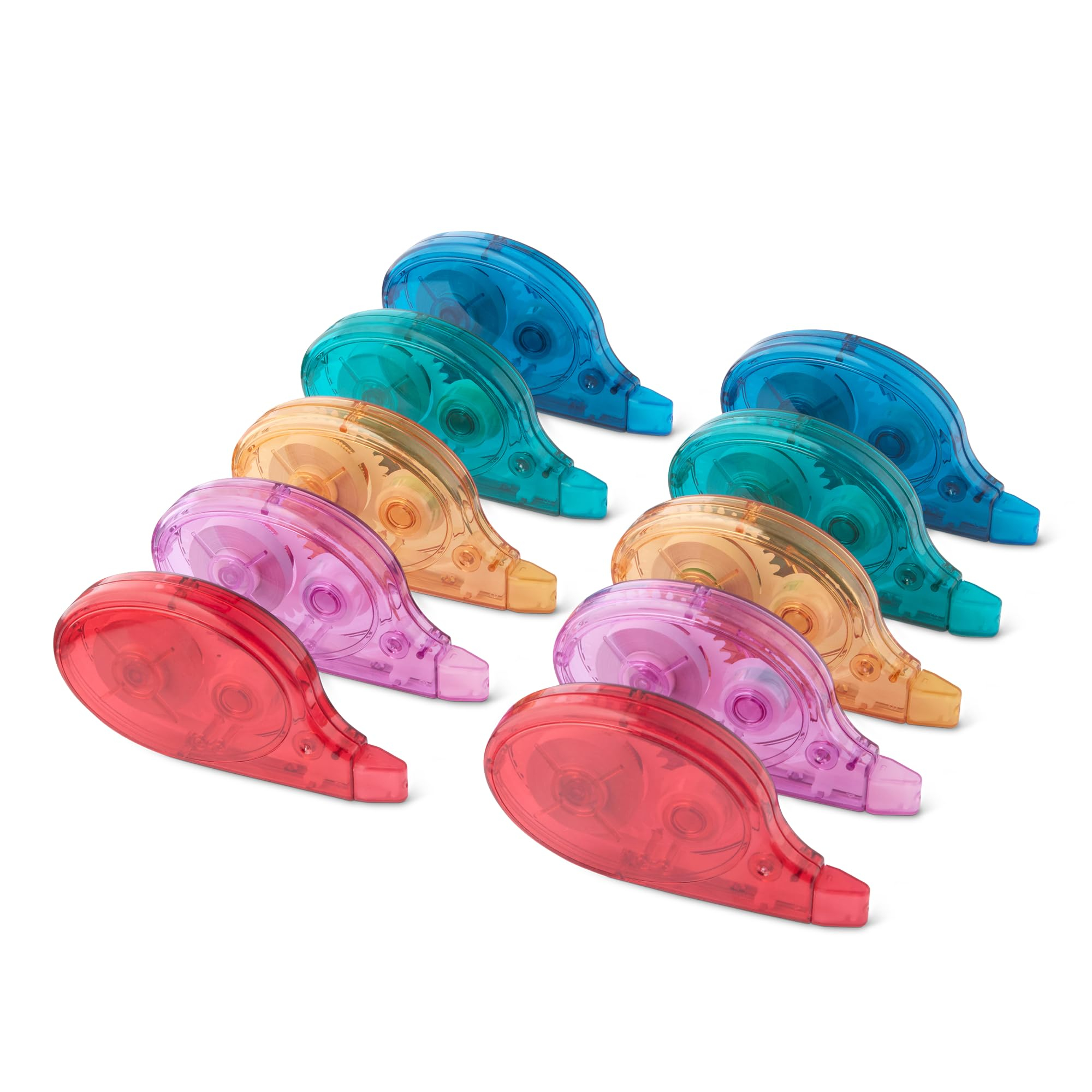 Amazon Basics Cinta Correctora, Paquete de 10, Rollo, Bolígrafo, Estilo Ratón, Secado Instantáneo, 12m Verde, Morado, Naranja, Rojo y Azul