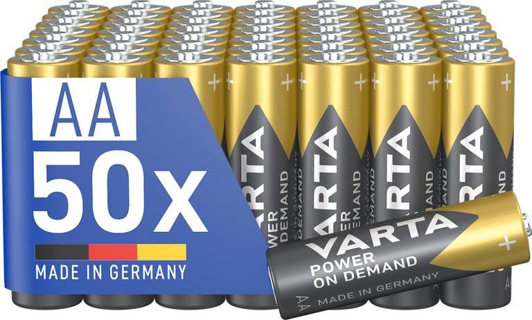 Pilas Alcalinas VARTA AA Power on Demand (Paquete de 50 Unidades | 1,5V | Made in Germany)