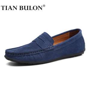 Zapatos informales de ante para hombre, mocasines italianos de cuero genuino