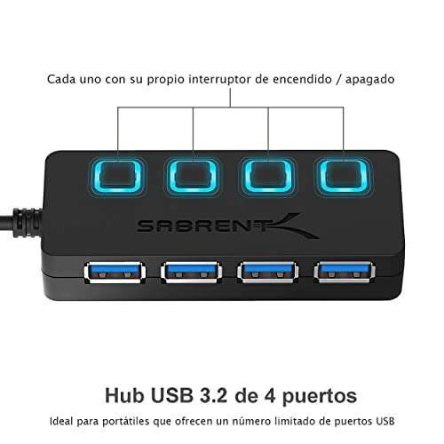 SABRENT Hub USB 3.2 Gen 1 de 4 Puertos USB con interruptores de alimentación Individuales y LED | para PS5, Xbox, PC, y Gaming [HB-UM43]
