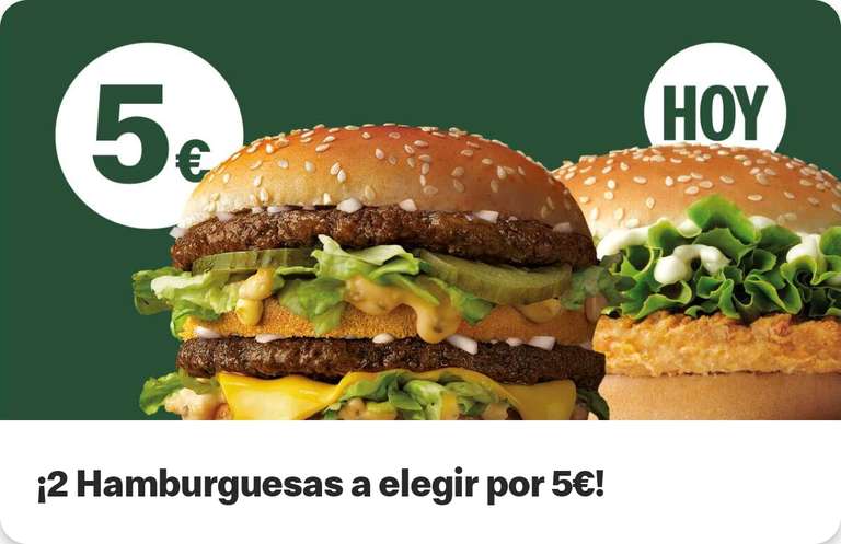 2 hamburguesas (a elegir entre Big Mac o McPollo) por 5€ en McDonald's (oferta redimible en pedidos físicos en restaurante con la app)