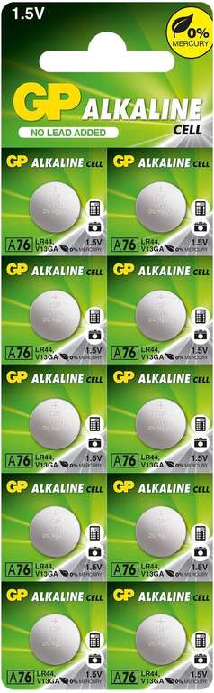 GP - Pack de 10 Pilas LR44 alcalinas de botón LR44 / A76 / AG13 / 357 / GP76A / SR44W 1,5V 