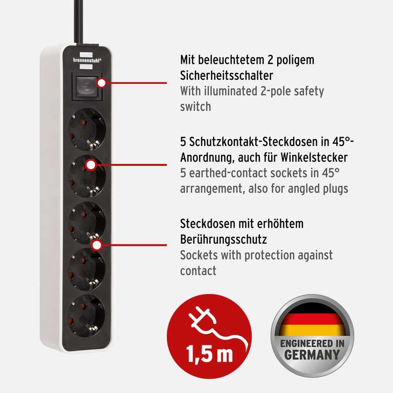 Brennenstuhl Ecolor regleta enchufes con 5 tomas corriente (cable de 1,5 m, con interruptor) color blanco/negro