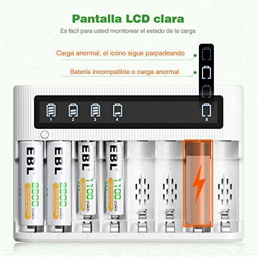 EXPIRADO .. EBL Cargador de batería de LCD 8 Ranuras con batería AA Recargable Ni-MH 2800mAh 8pcs