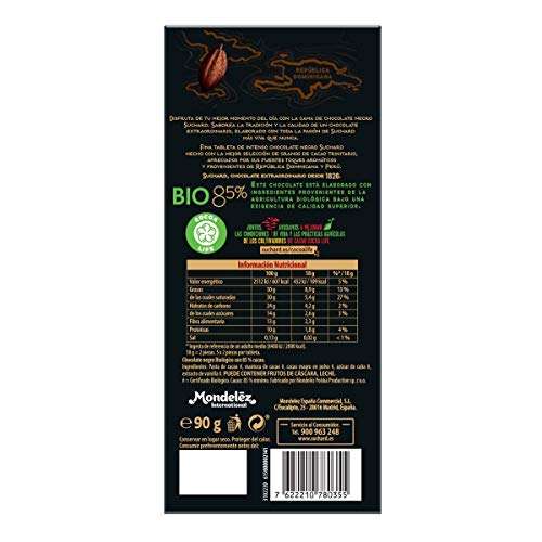 Suchard Chocolate Negro Bio Ecológico, 85% de Cacao Trinitario, 90g