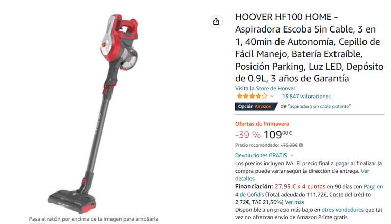 Amazon - Aspiradora Sin Cable Hoover HF100 Home a 109€