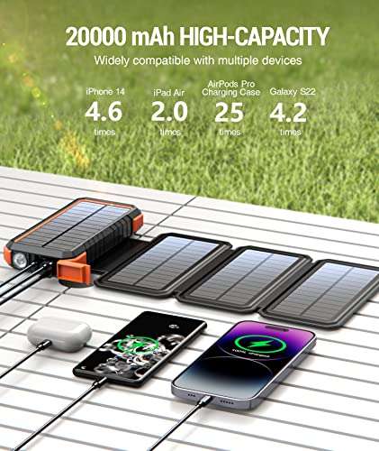 Power Bank 20.000 mAh, Cargador Solar Rápido QC 3.0, PD 18 W con 4 Paneles de carga + Lámpara 32 Leds