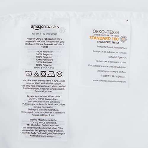 Amazon Basics FTD, Sábanas Ajustables, 135 x 190 x 30 cm, Blanco Brillante