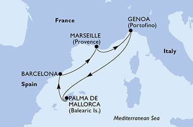 Crucero MSC de 5 noches por el Mediterráneo (Marsella, Génova y Palma de Mallorca) con salida desde Barcelona el 07/11/2023