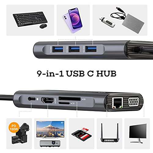 HUB USB C 9 en 1, Adaptador USB C con RJ45