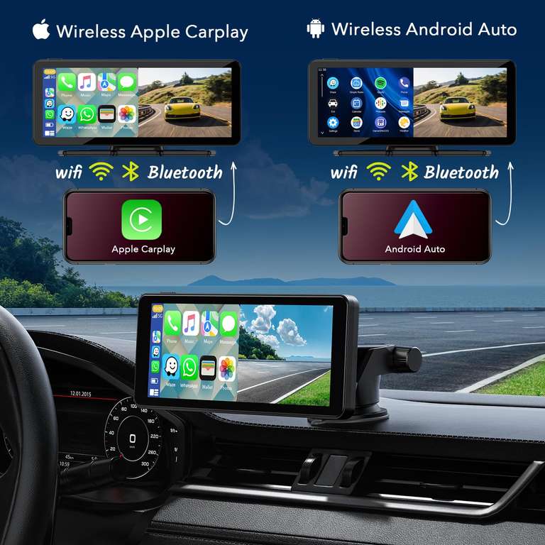 Lamto Estéreo de Coche inalámbrico para Apple Carplay Android Auto Cámara de Marcha atrás Portátil 6.86" Pantalla táctil Car Play