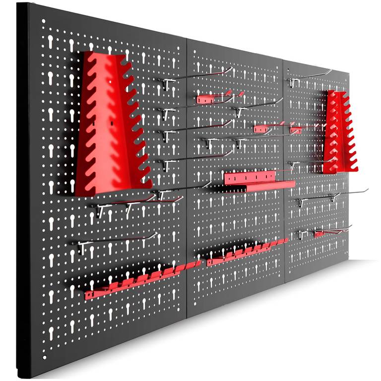 tectake Organizador de Herramientas de Pared, Panel Perforado, Estantería de Taller con Ganchos, Banco de Herramientas, – 3 Tableros