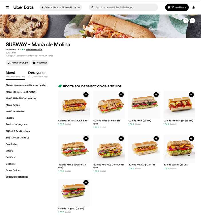 Bocadas Subway por 1€ por miembros de Eats Pass (Uber Eats)