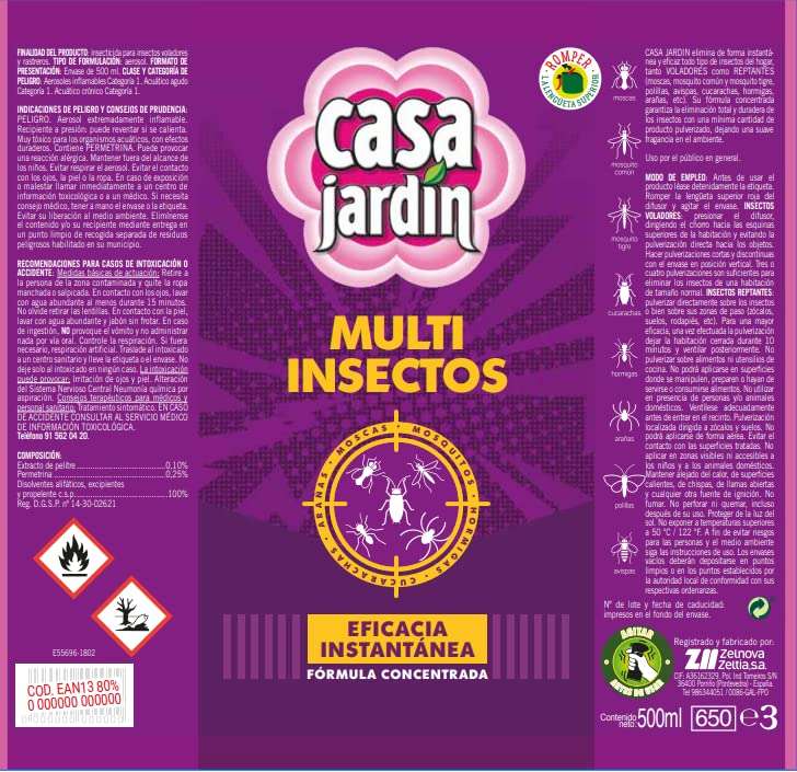 Multi Insectos Casa Jardín, Eficacia Instantánea, Fórmula Concentrada, Contenido: 500 ml.