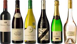 6 botellas de 0,75 L de vinos franceses (Burdeos, Borgoña, Chablis, Ródano, Champagne y Provenza)