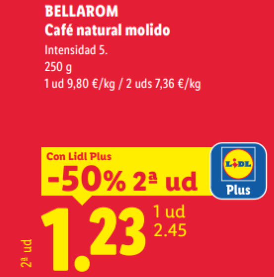 Nuevo Folleto Lidl Alimentación (del 26/10 al 01/11): Café natural Bellarom a 1,23€ la 2a ud (-50% con Lidl Plus), Pizzas Deluxe, Carnes...