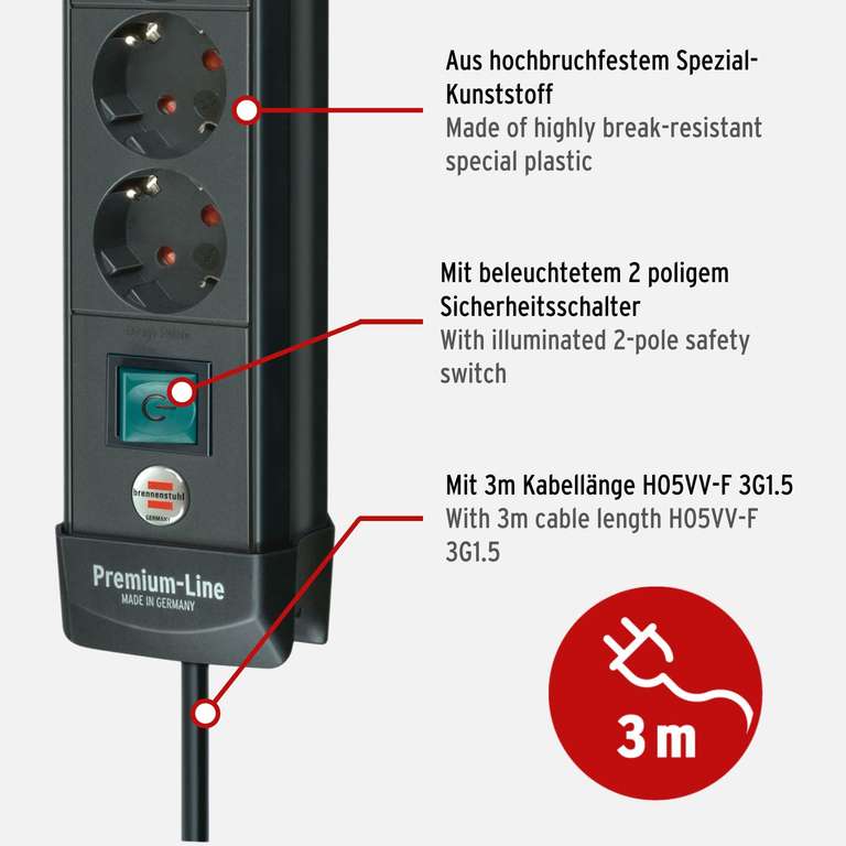 Regleta de 5 tomas con interruptor negro - Cable 3 metros - 16A