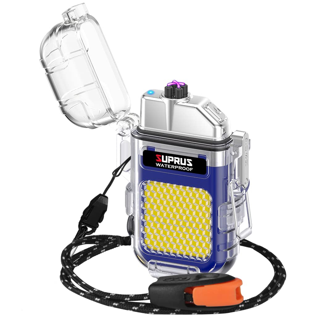 Encendedor impermeable y resistente al viento,doble arco,de plasma, eléctrico, recargable, con silbato emergencia de supervivencia y cordón