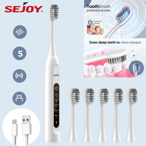 Cepillo de dientes eléctrico SEJOY con temporizador de 3 minutos, 5 modos opcionales y 5 cabezales de cepillo