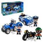 Pinypon Action - Pack de Vehículos con quad, coche y moto, y 3 figuras diferentes 2 muñecos policías y un ladrón